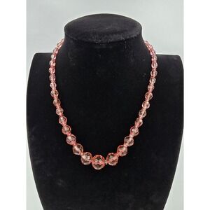 Vintage Faceted Pink Glass Beaded Necklace Chunky Graduated Beads Magnetic Clasp